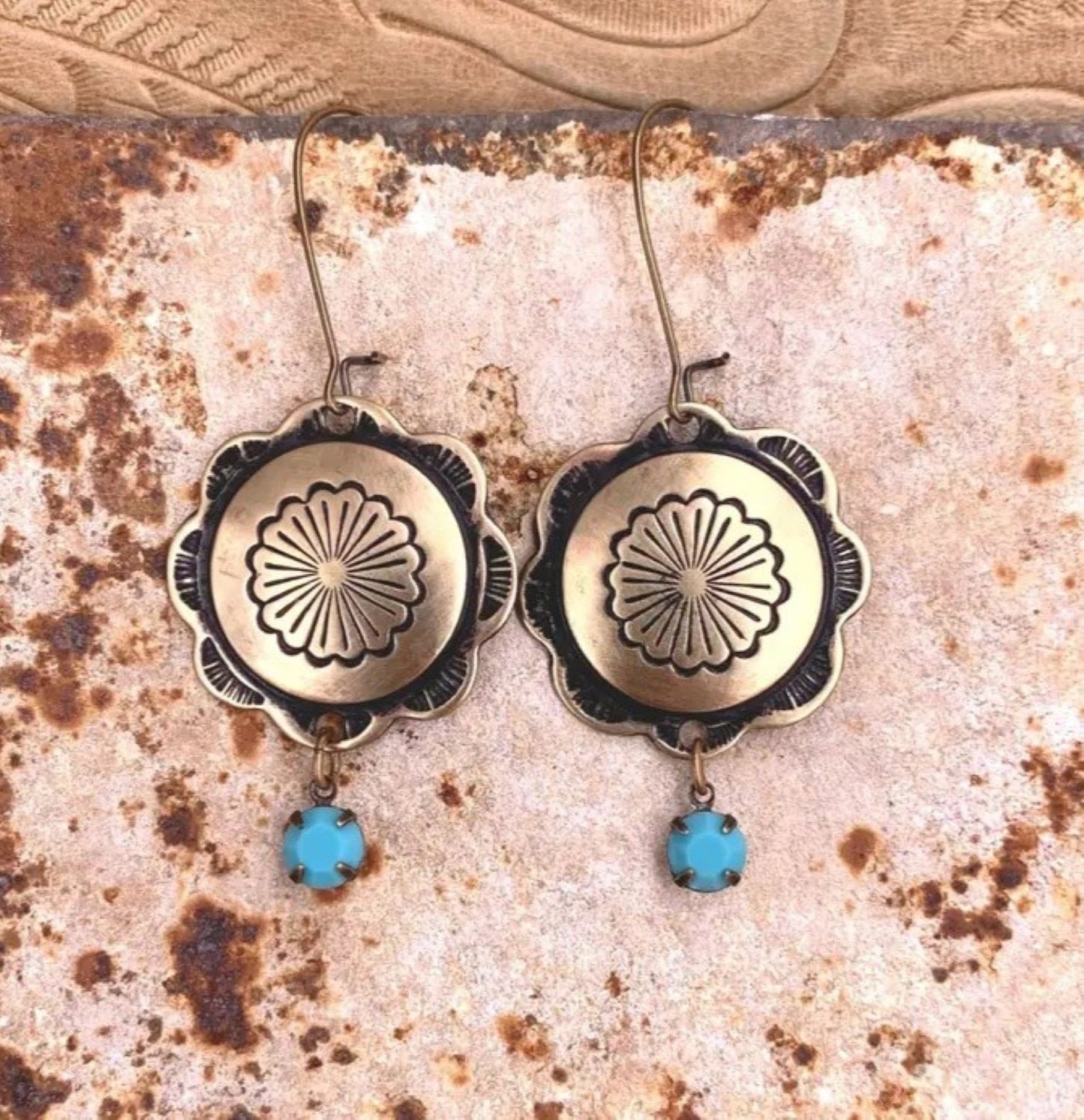 Antique Brass Concho Turquoise /Black Drop Earrings