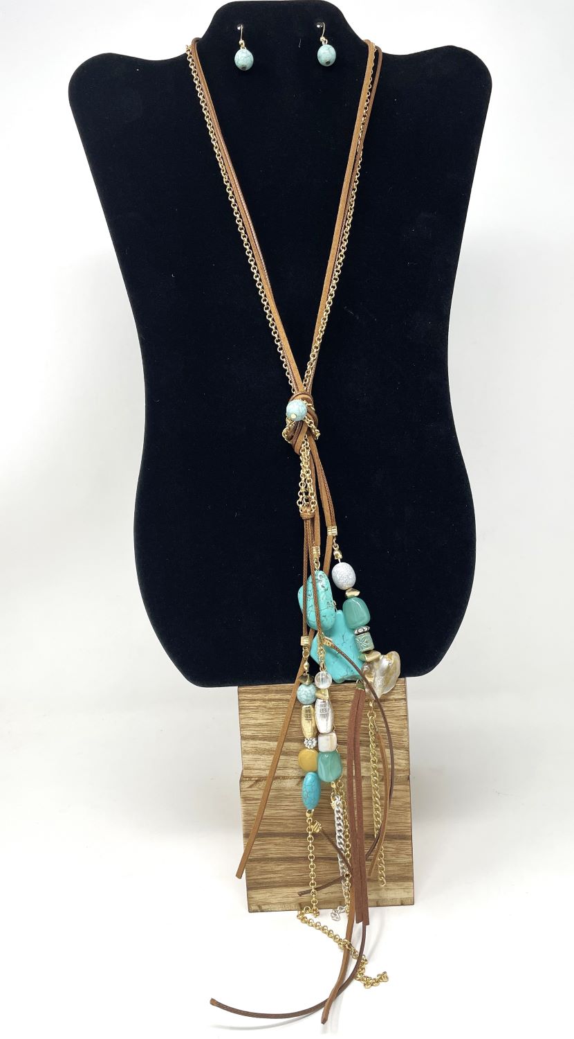 Silver Strike Multi Strand Leather Necklace and Turquoise Earring Set