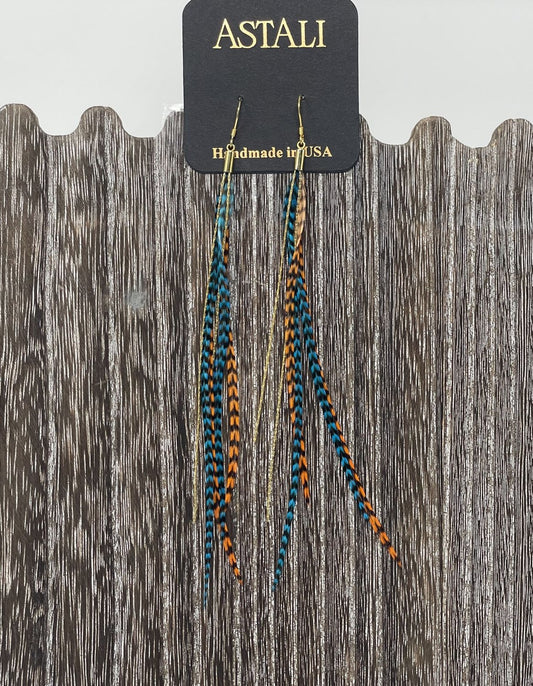 Astali Mini Turquoise and Orange Grizzly Coque Feather Earrings